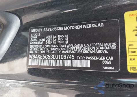 2013 BMW 328I from USA, damaged, VIN WBAKE5C53DJ106745